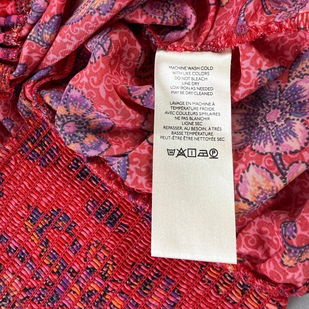 Free People Crop Top L Floral Ruched Blouse Red Pink Boho Bright Slip Smocked - Picture 5 of 16